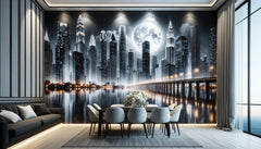 3D wall mural — Night city and moon — black and gray and blue