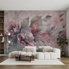 3D wall mural — Delicate roses and butterflies — pink and gray