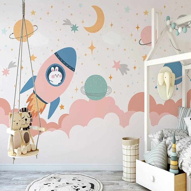 Children's 3D wall mural — Rabbit in a space rocket — pink and white and blue