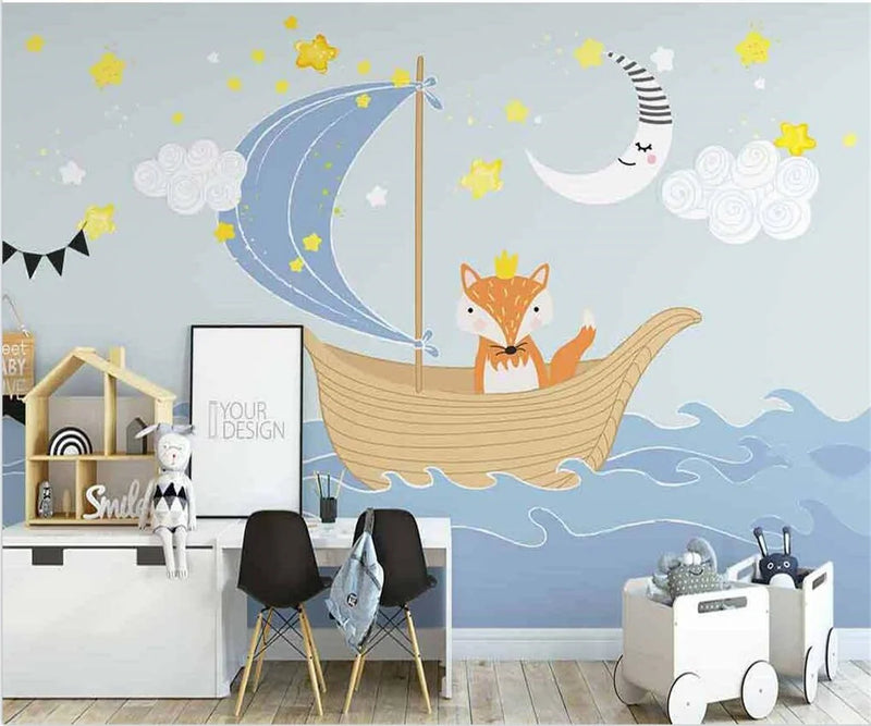 Children's 3D wall mural — Fox in a boat — blue and beige and yellow