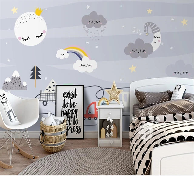 Children's 3D wall mural — Sleeping moon and clouds — gray and white and yellow