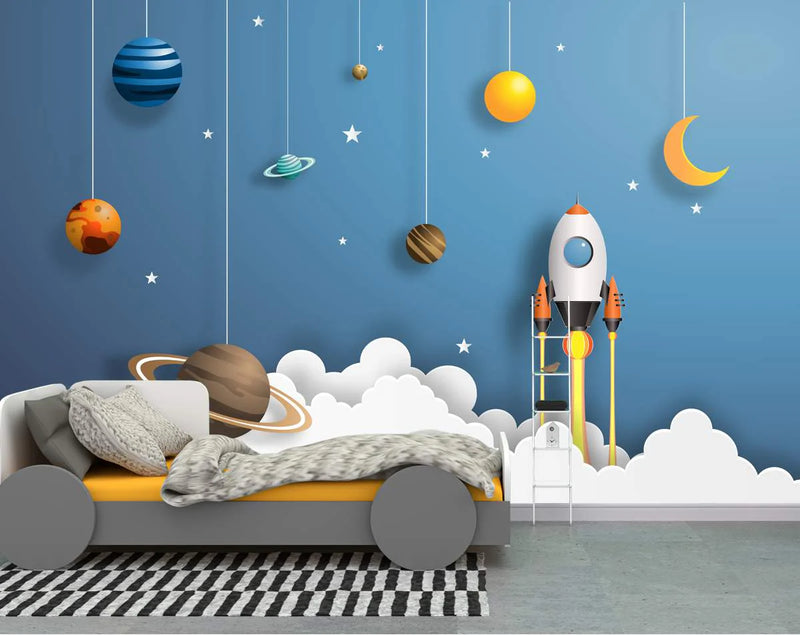 منظر 3D للأطفال – صاروخ وكواكب معلقة – أزرق وأصفر وأبيض
