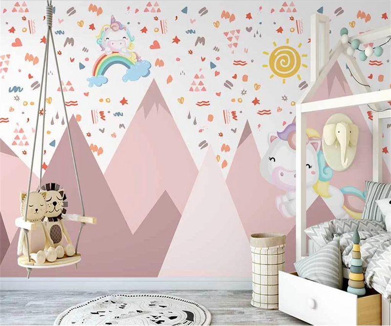 Children's 3D wall mural — Unicorn and pink mountains — pink and white