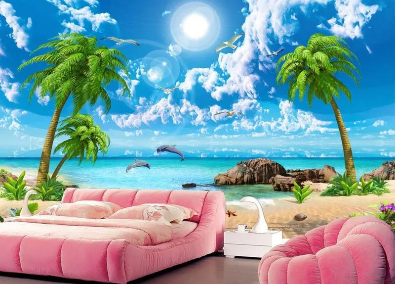 منظر 3D – شاطئ ونخيل ودلافين – أزرق وأخضر وأبيض