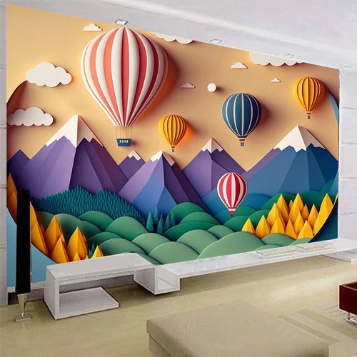 Children's 3D wall mural — Colorful balloons and mountains — purple and green and orange